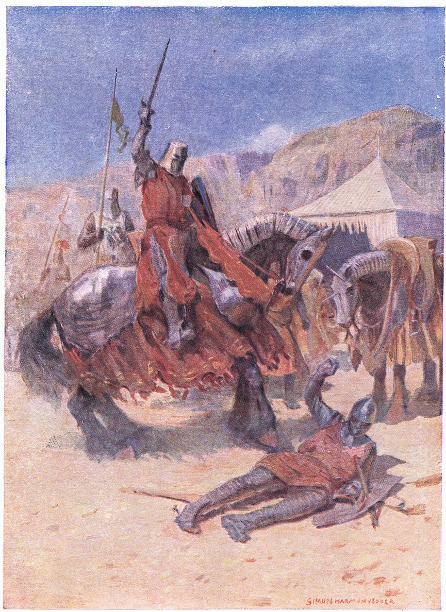 Sir Kennethin lansetti oli lävistetty kilven läpi (väri litho) tekijältä Simon Harmon Vedder