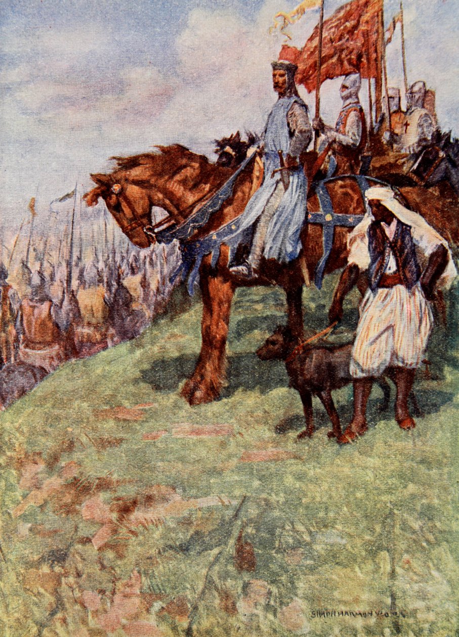 Leijonasydän istui hevosen selässä, hänen vieressään seisoi nuubialainen orja, pitelee koiraa hihnassa, piirros Sir Walter Scottin teoksesta "Talisman: Tarina ristiretkeläisistä" tekijältä Simon Harmon Vedder