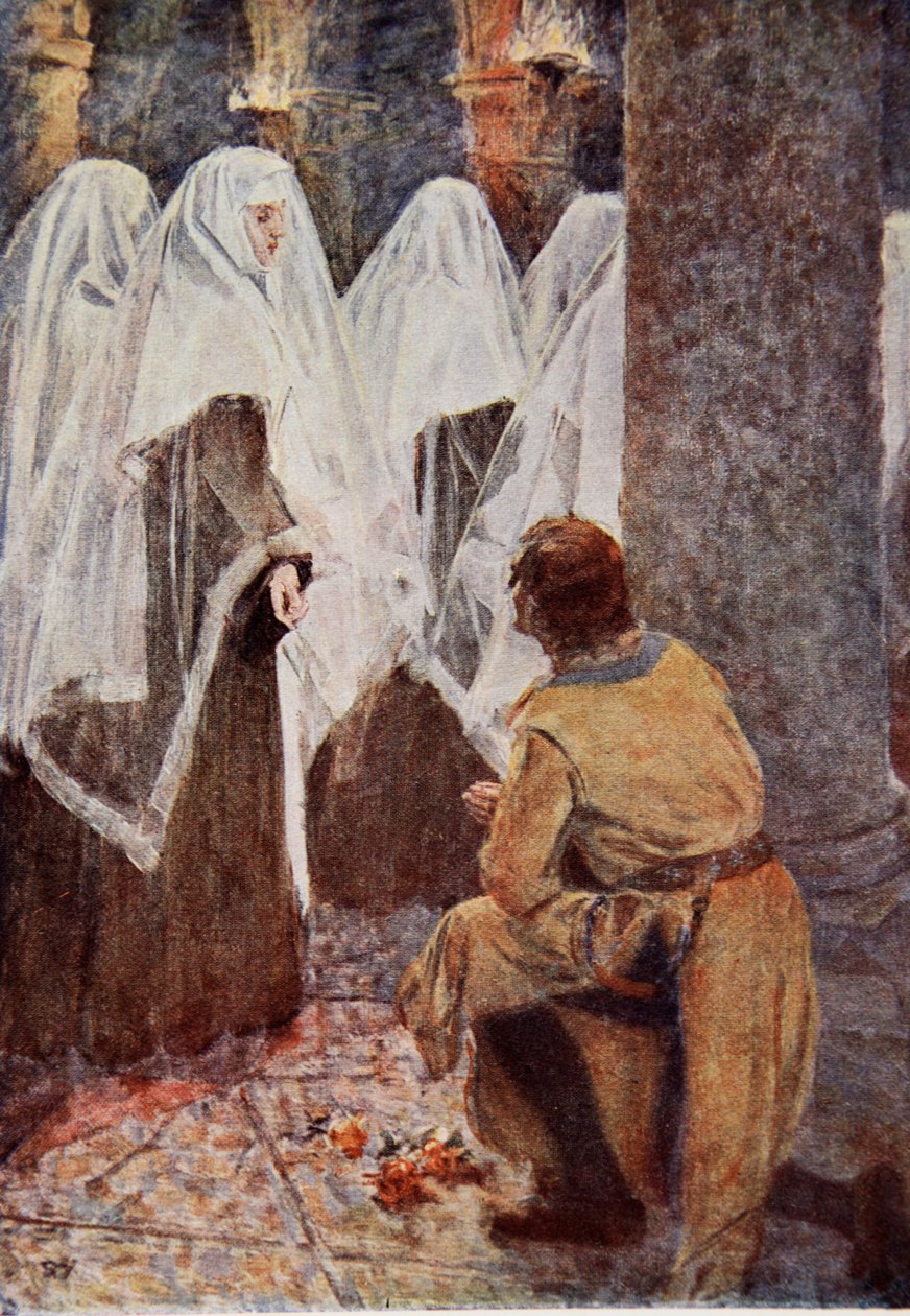 Skotlannin ritari toisella polvella katseli verhottujen nunnien kävelevän ohitse, piirros Sir Walter Scottin teokseen Talisman: Tarina ristiretkeläisistä. tekijältä Simon Harmon Vedder