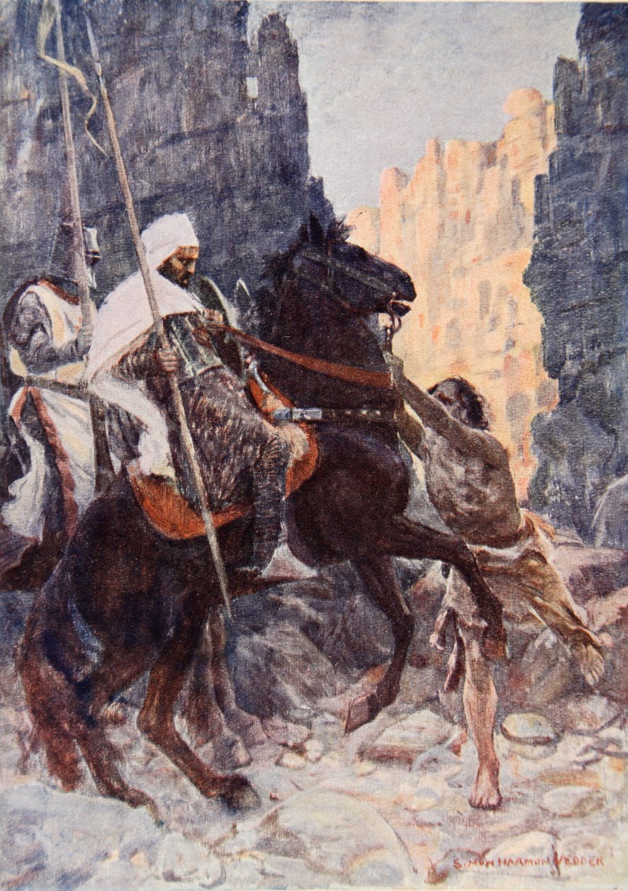 Skotlantilainen ritari Sir Kenneth saraseenien kanssa, yllättynyt Hamakosta heidän ratsastaessaan Kuoleman varjon laaksossa, piirros Sir Walter Scottin "Talisman: Tarina ristiretkeläisistä" (värilitho) tekijältä Simon Harmon Vedder