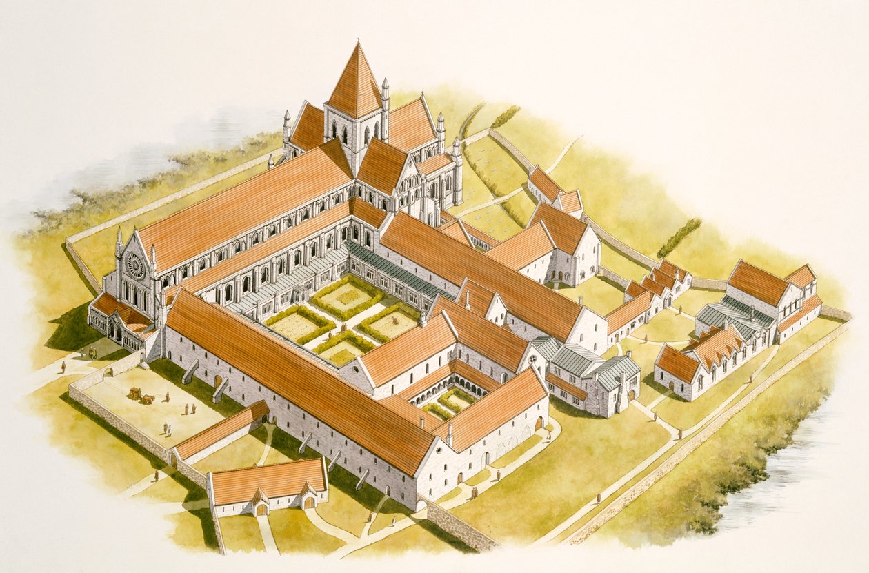 Ilmakuva Byland Abbeysta (vesiväri paperille) tekijältä Simon Hayfield