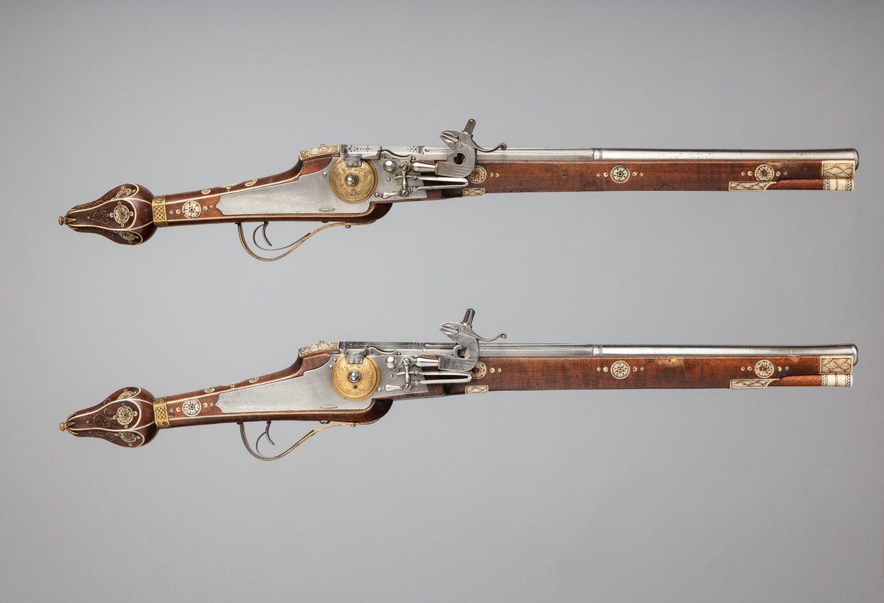 Pari Wheellock-pistoolia, joka on valmistettu Saksin prinssin vaaliruhtinaskunnan henkivartijalle, saksa, c1610 tekijältä Simon Helbig