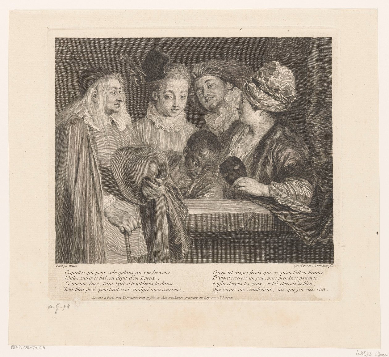 Gezelschap van vijf näyttelijät een parapetissa The Coquettes Antoine Watteaun teos (sarjan nimi) Antoine Watteaun teos, kuninkaan maalari hänen Royal Academy of Painting and Sculpture -akatemiassa (...) (sarjan nimi) tekijältä Simon Henri Thomassin