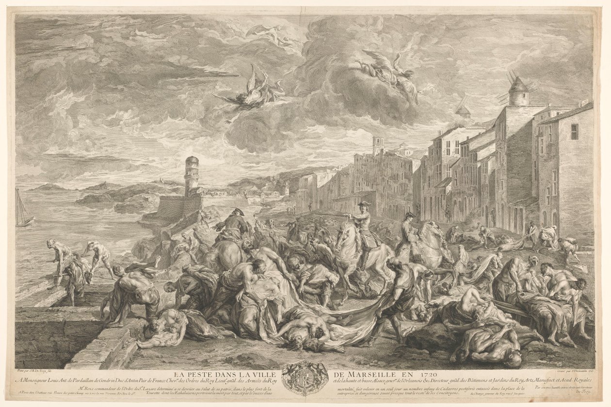 Buboniruton uhrit teurastetaan La Tourettessa, Marseillessa La Peste dans la ville de Marseille en 1720 (otsikko esineessä) tekijältä Simon Henri Thomassin