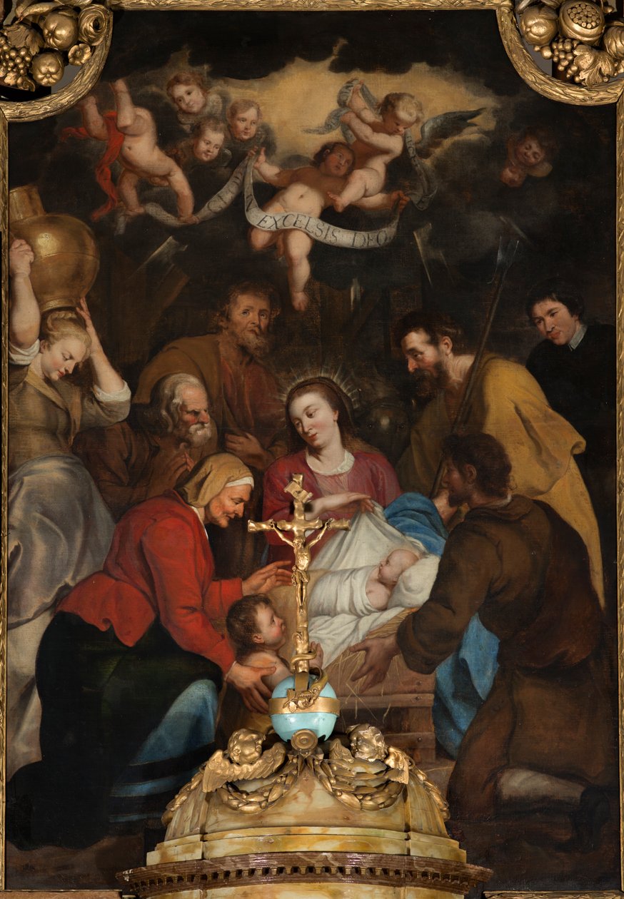 Seurakuntakirkko (Alanimi, Sint-Vedastu kirkko). Sisustus. Korkea alttari. Maagien palvonta. Simon de Paepe. Noin 1660-1 tekijältä Simon II de Pape