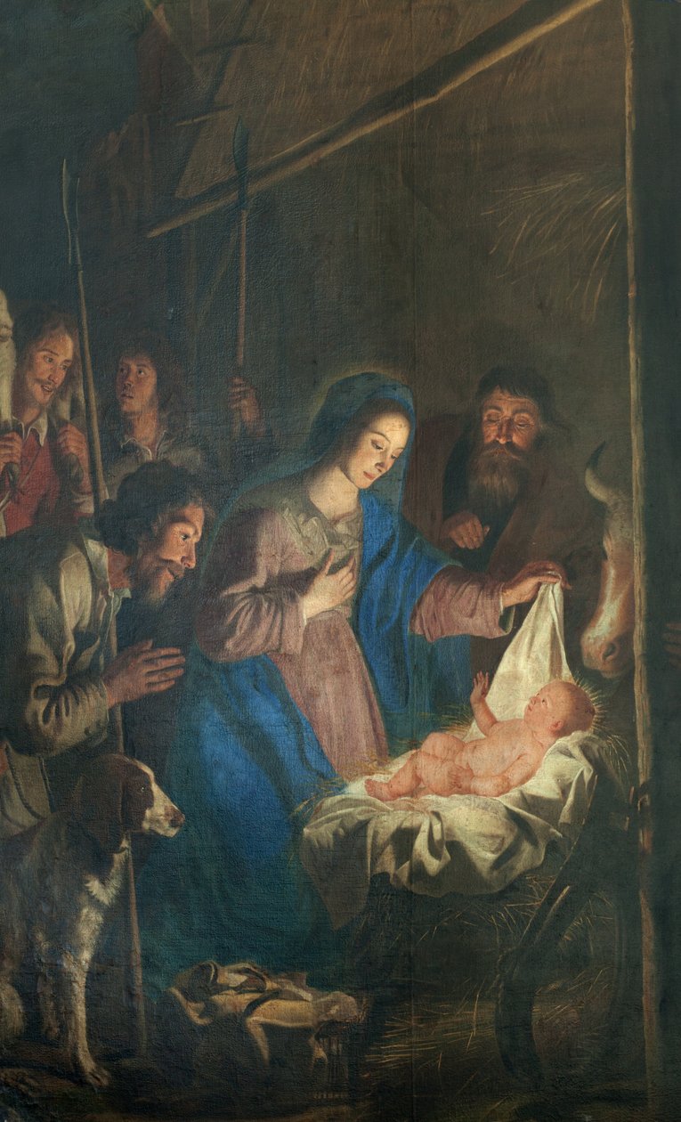 Seurakuntakirkko (Our Lady Assumption Church). Sisustus. Maalaus. joulun kohtaus. Simon DePepe. Alkuperäinen luostari Ename (?). tekijältä Simon II de Pape