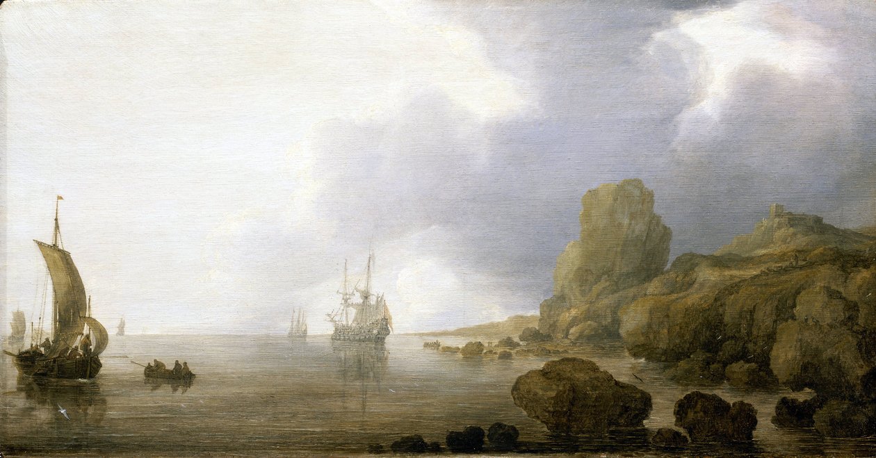 Veneet kallioisen lahden matalassa vedessä, romanttinen ja ihannoitu näkemys. Öljy puulle, tekijä Simon de Vlieger (1600-1653). tekijältä Simon Jacobsz. Vlieger