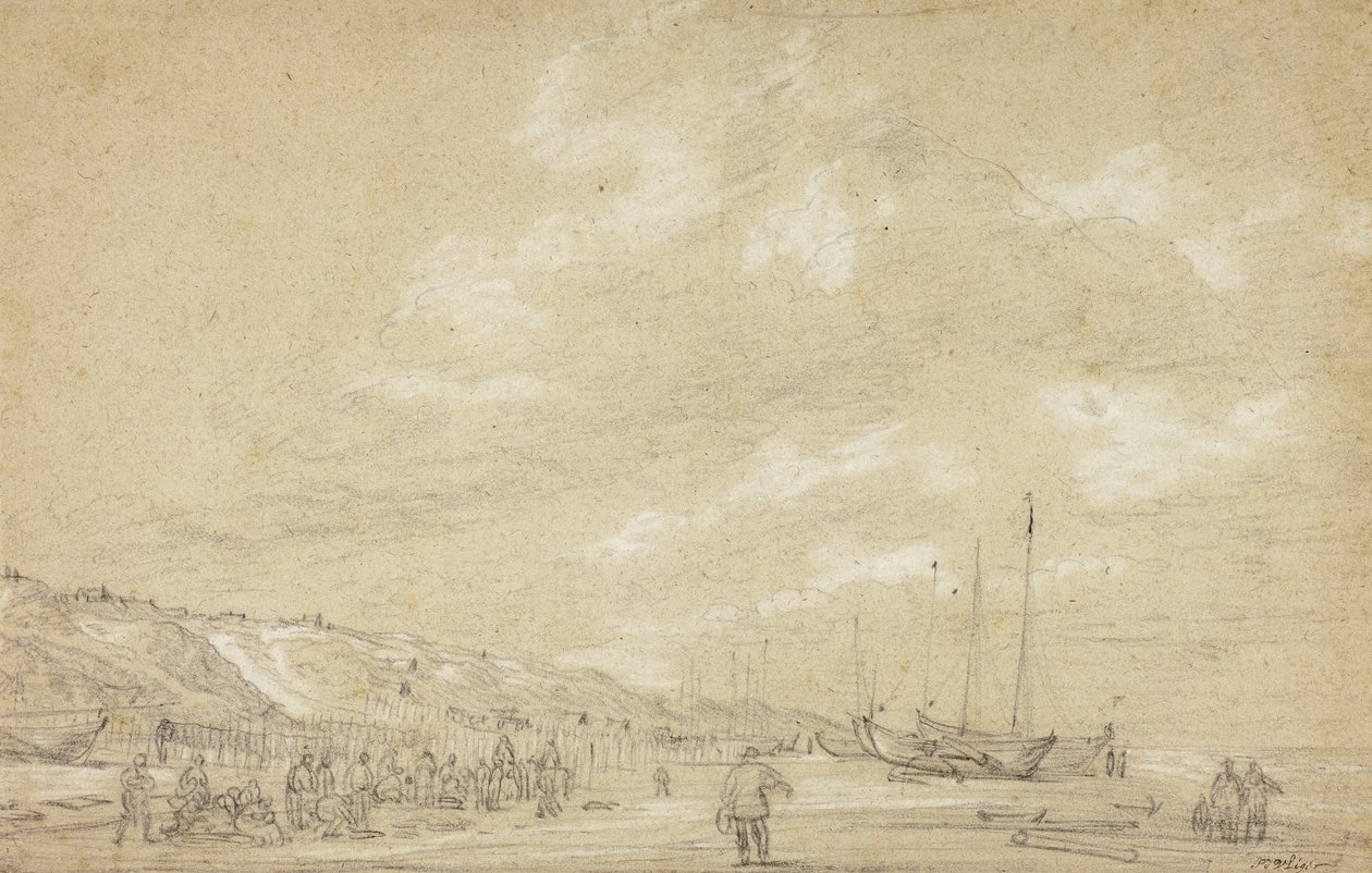 Kalastajat kuivaamassa verkkoja Scheveningenin rannalla tekijältä Simon Jacobsz. Vlieger