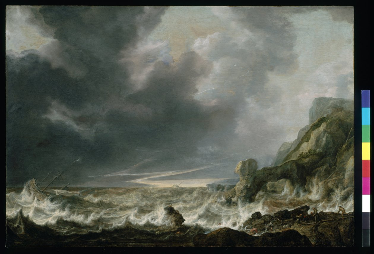 Ship In Distress Off A Rocky Coast, n. 1645 (öljy puulle) tekijältä Simon Jacobsz. Vlieger