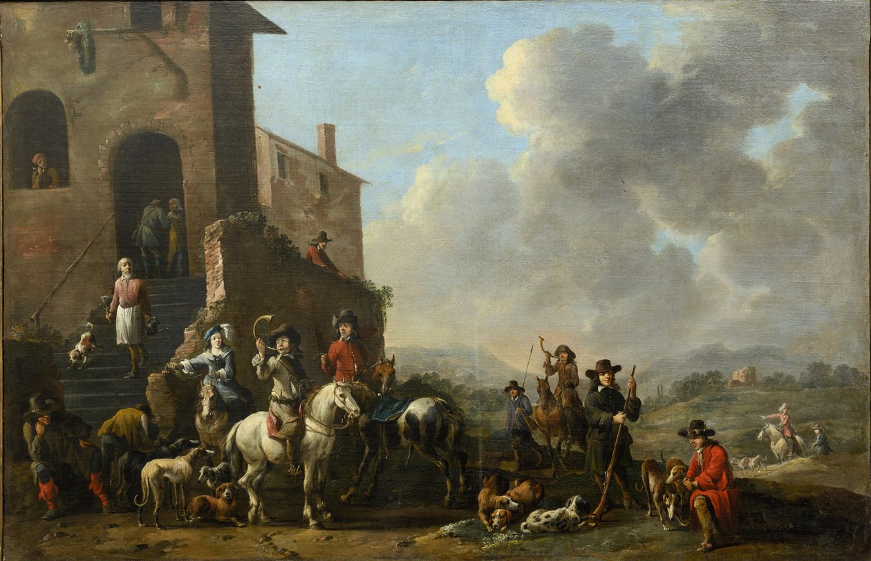Metsästykseen valmistautumassa Douw, Simon Johannes van (n. 1630-1677 jälkeen) tekijältä Simon Johannes van Douw