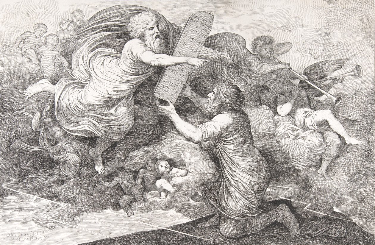 Mooses Siinailla Juutalaisen lain taulukot, 1773. tekijältä Simon Julien