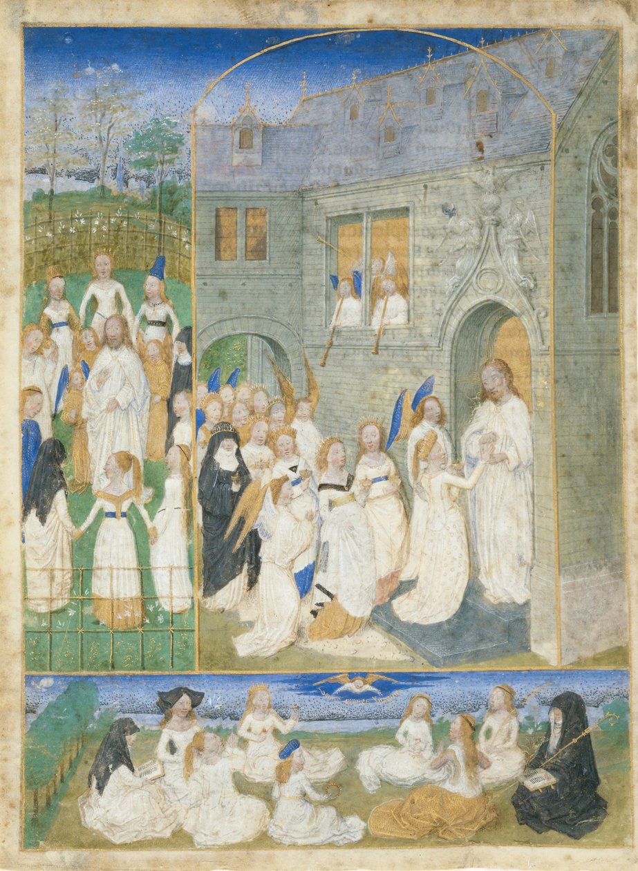 Kristuksen tervehtimät pyhät neitsyet astuessaan paratiisin porteista, n. 1467-70. tekijältä Simon Marmion
