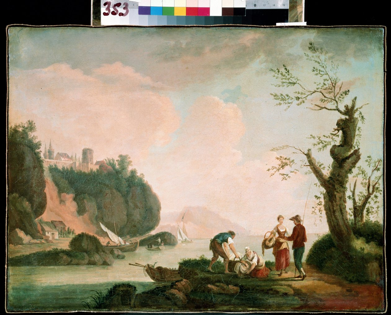 Kalastajat. Simon Mathurin Lantaratin (1729-1778) maalaus. Öljy kankaalle. Ranskalainen taide, rokokoo. Mihail Kroshitskyn taidemuseo, Sevastopol (Sevastopol) Ukraina tekijältä Simon Mathurin Lantarat