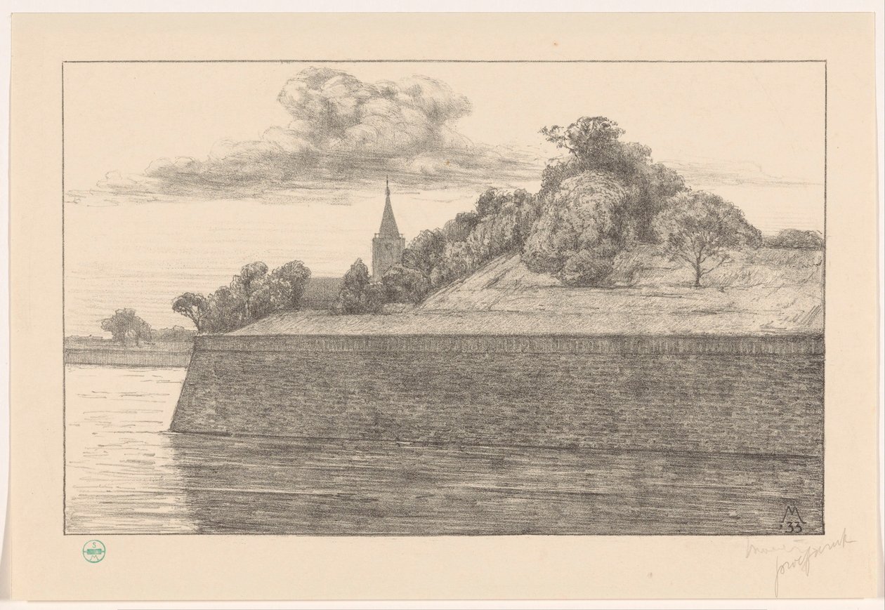 Näkymä Promersin linnakkeelle (alkuperäinen nimi) Naardenin vallit (alkuperäinen sarjan nimi) tekijältä Simon Moulijn (signed by artist)