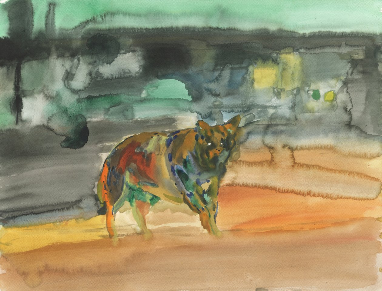 Kaupungin kojootti, 2019 (vesiväri  guassi paperille) tekijältä Simon Neville