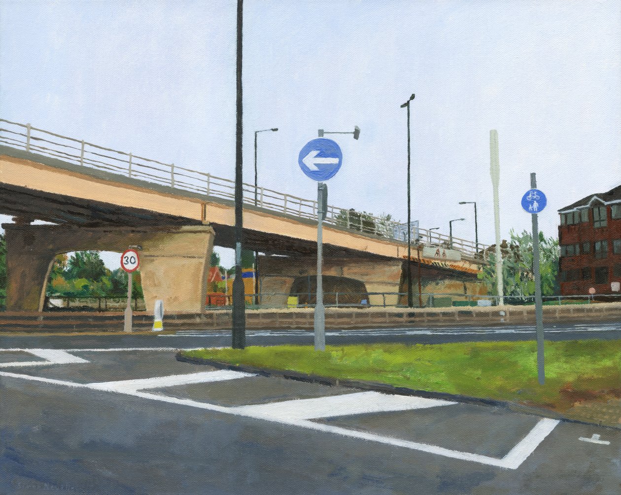Betoninen ylikulkusilta ja risteys, 2024 (öljy kankaalle) tekijältä Simon Neville