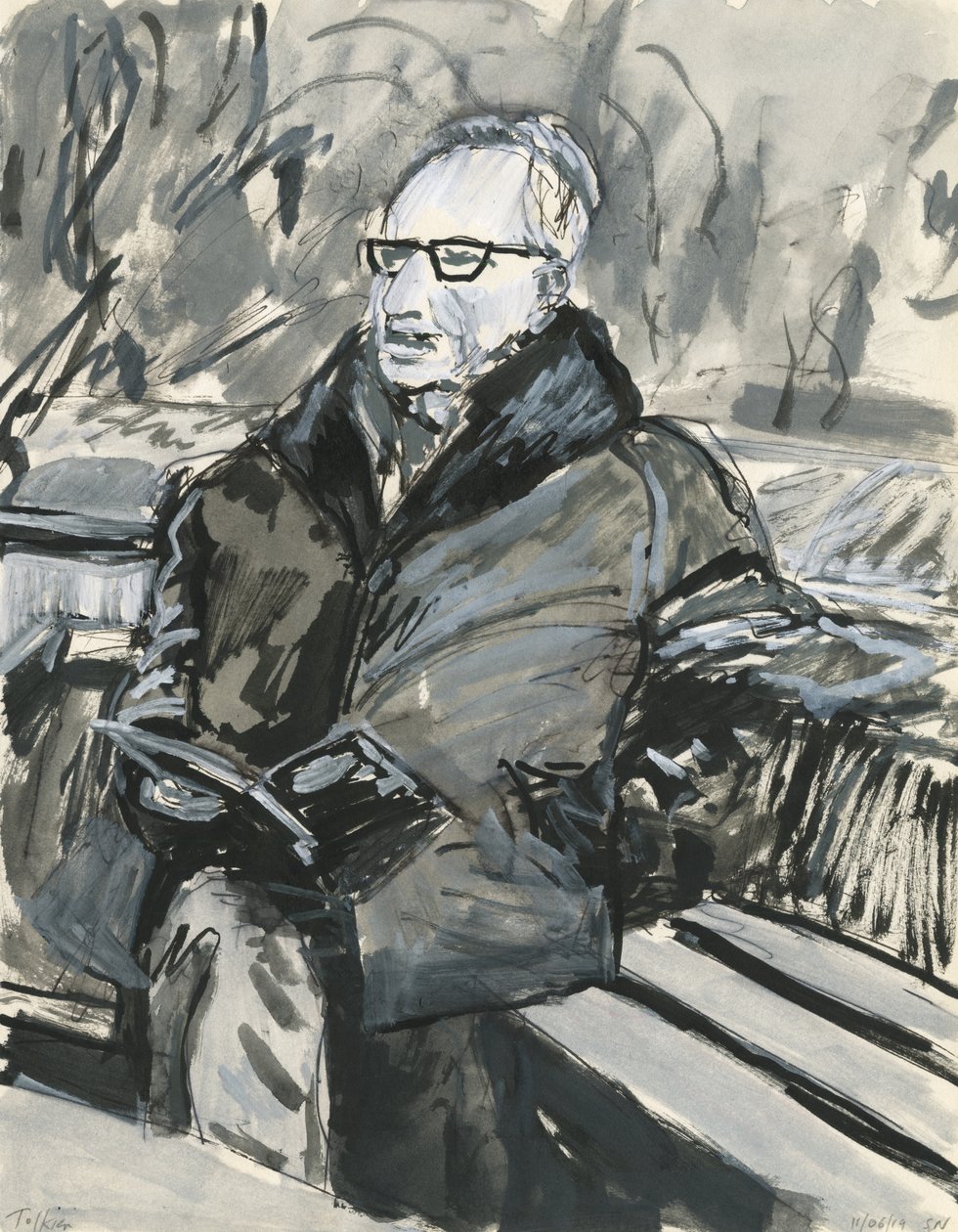 Mies lukee kirjaa, 2019 (muste  akryylivärikynät paperille) tekijältä Simon Neville