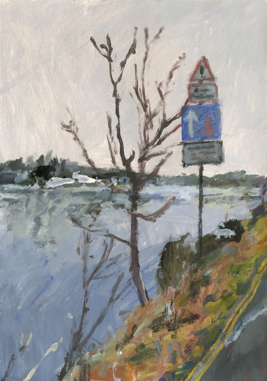 Thames-joki, puu ja liikennemerkkejä, 2023 (akryyli paperille) tekijältä Simon Neville