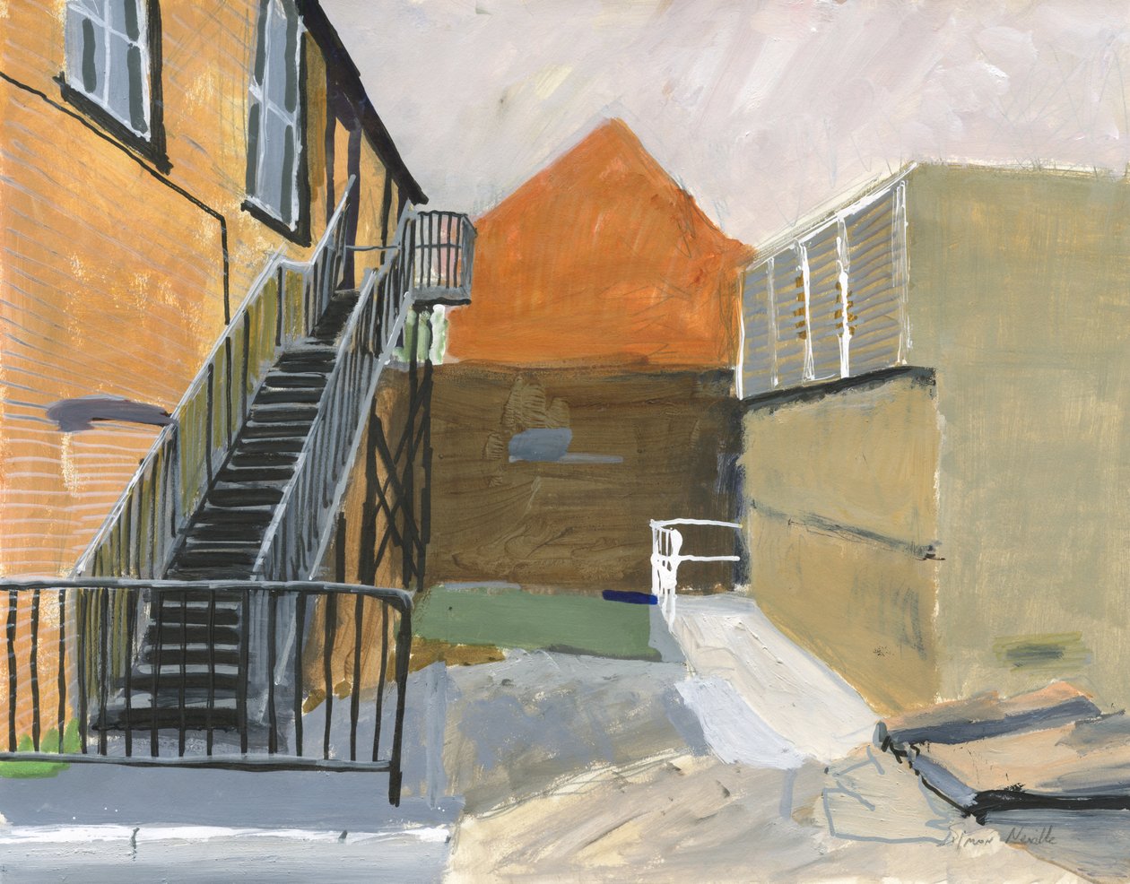 Pieni piha, Wandsworth, 2025 (akryyli, akryylivärikynät, intialaiset tussikynät, öljypohjaiset tussikynät ja grafiitti paperille). tekijältä Simon Neville