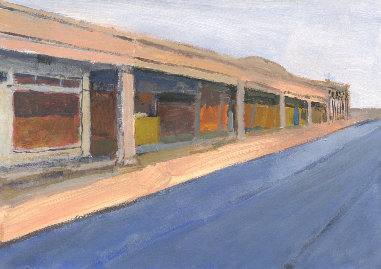 Strip mall 6, 2023 (akryyli paperille) tekijältä Simon Neville