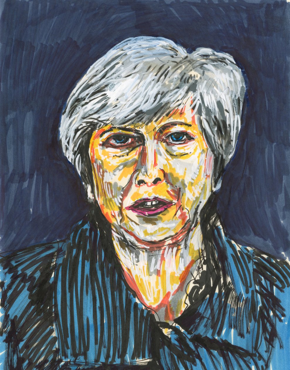 Theresa May, 2019 (muste ja akryylivärikynät paperille) tekijältä Simon Neville
