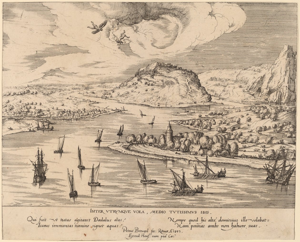 Jokimaisema Ikaruksen putouksen kanssa tekijältä Simon Novellanus after Pieter Bruegel the Elder