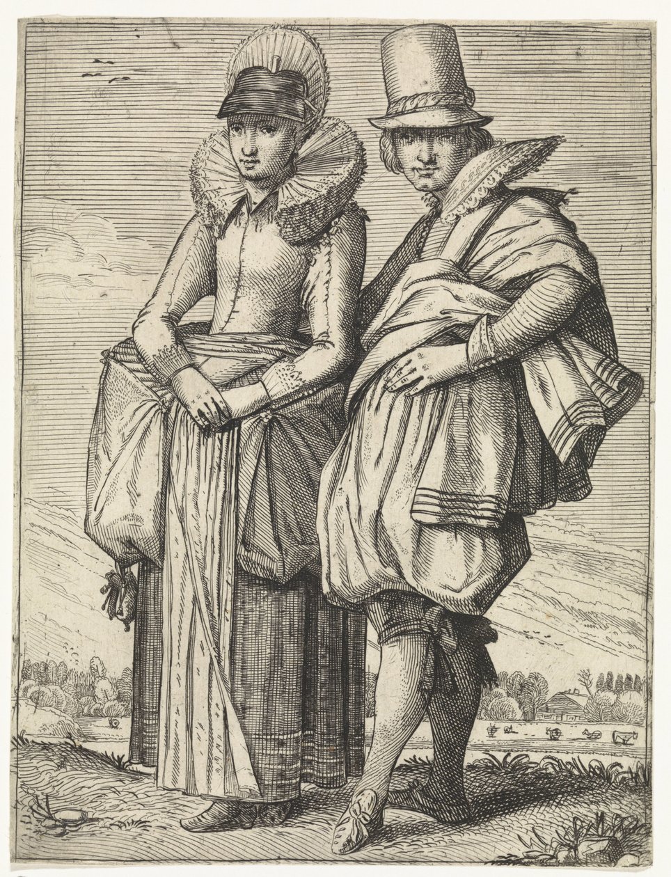 Mies ja nainen pukeutuivat noin vuoden 1625 muodin mukaan tekijältä Simon Poelenburg (attributed to)