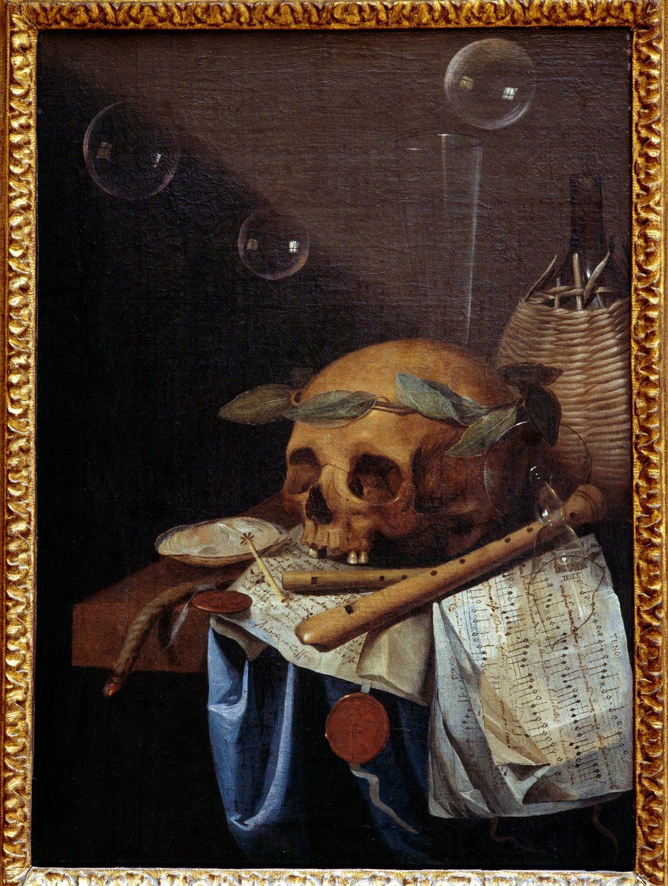Laakerikruunun, huilujen, partituurin ja viinikannun vaniittinen asetelma. Simon Bernard of Saint Andre (1613-1677) maalaus 1600-luvun su. 0,6x0,43 m Lyon, Musee des Beaux Arts tekijältä Simon Renard de Saint Andre