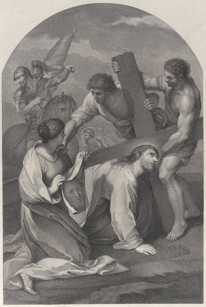 Kristus kaatui maahan ristin painon alla kahden miehen apuna ja ..., n. 1729. tekijältä Simon Vallee