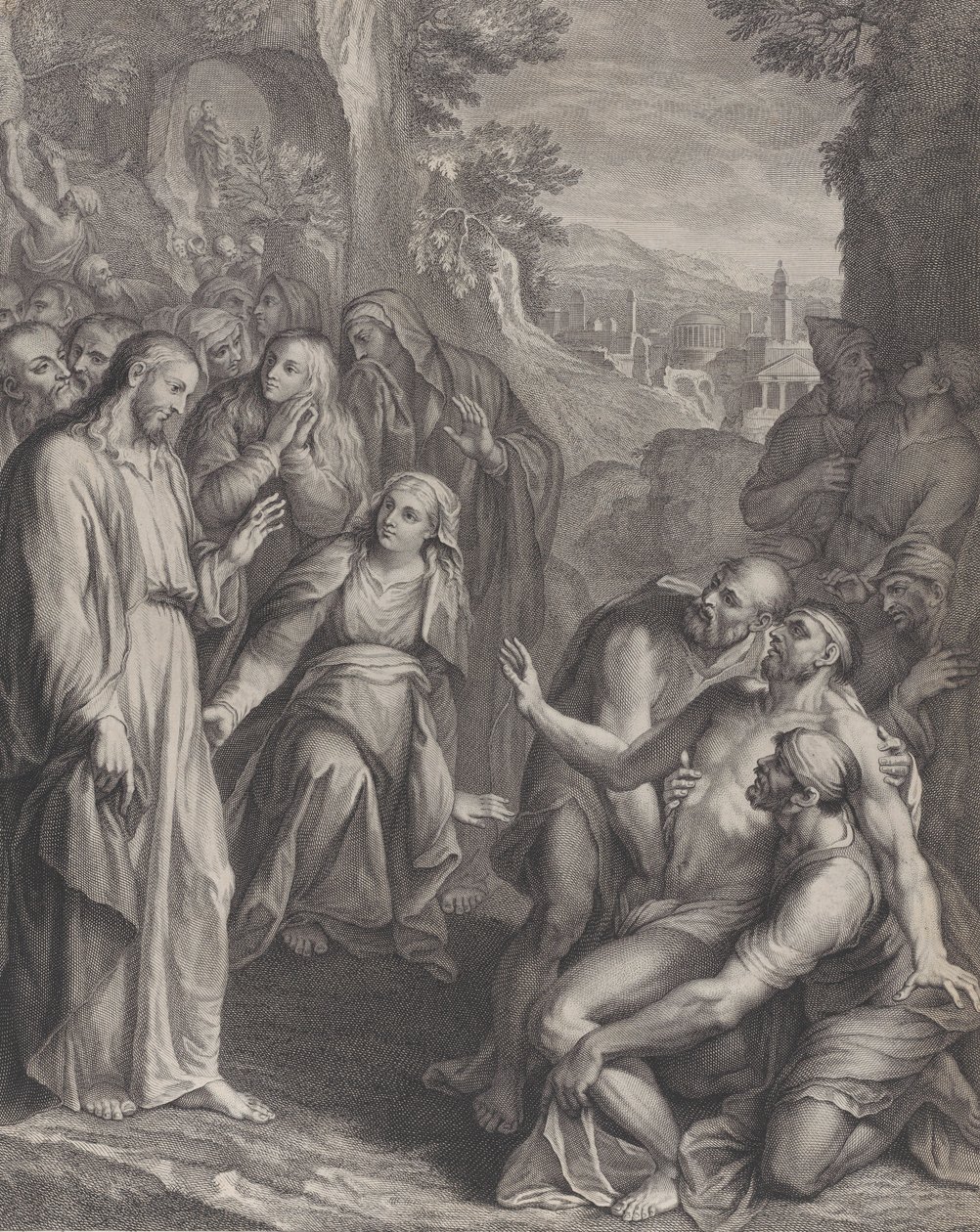 Lasaruksen ylösnousemus, Kristuksen seisoessa vasemmalla, n. 1729. tekijältä Simon Vallee