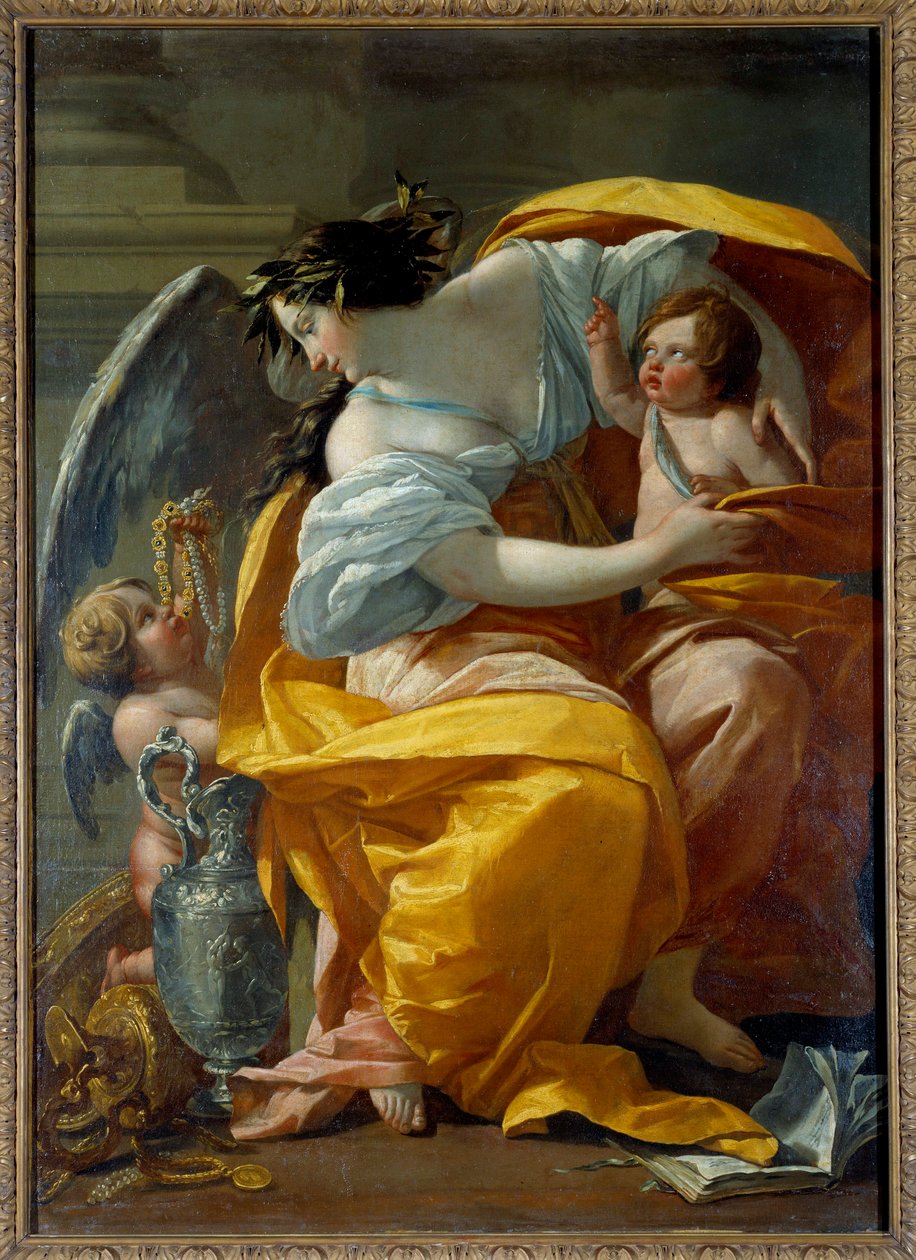 Rikkauden allegorinen esitys Nainen, onnen ja yltäkylläisyyden symboli putin ja jalokivien ympäröimänä. Simon Vouetin (1590-1649) maalaus 1600-luvun su. 1,7x1,2 m tekijältä Simon Vouet