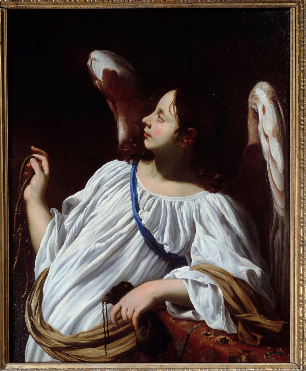 Angelilla on Kristuksen kärsimyksen köysi- ja kukkaroinstrumentit Simon Vouetin (1590-1649) maalauksen yksityiskohta 1600-luvun yksityiskokoelma tekijältä Simon Vouet