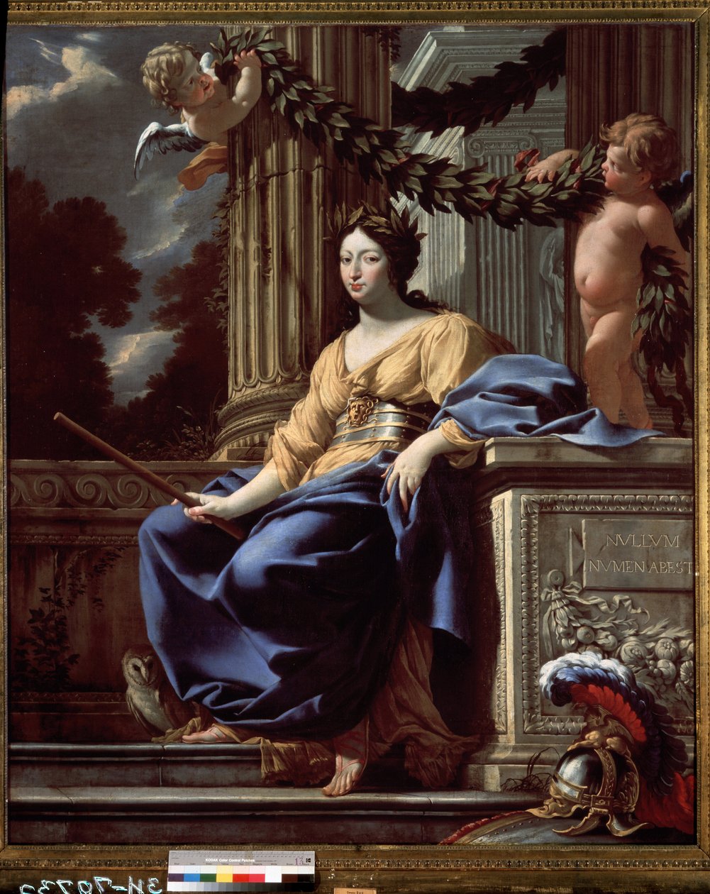 Itävallan Annan allegorinen muotokuva (1601-1666) (Itävallan Annan allegorinen muotokuva). Ranskan kuningatar edusti jumalattarena Minerva (Athena), jota ympäröi hänen ominaisuuksiaan (kypärä, kilpi, pöllö ja vyö Medusan naamiolla). Rekisteröinti tekijältä Simon Vouet