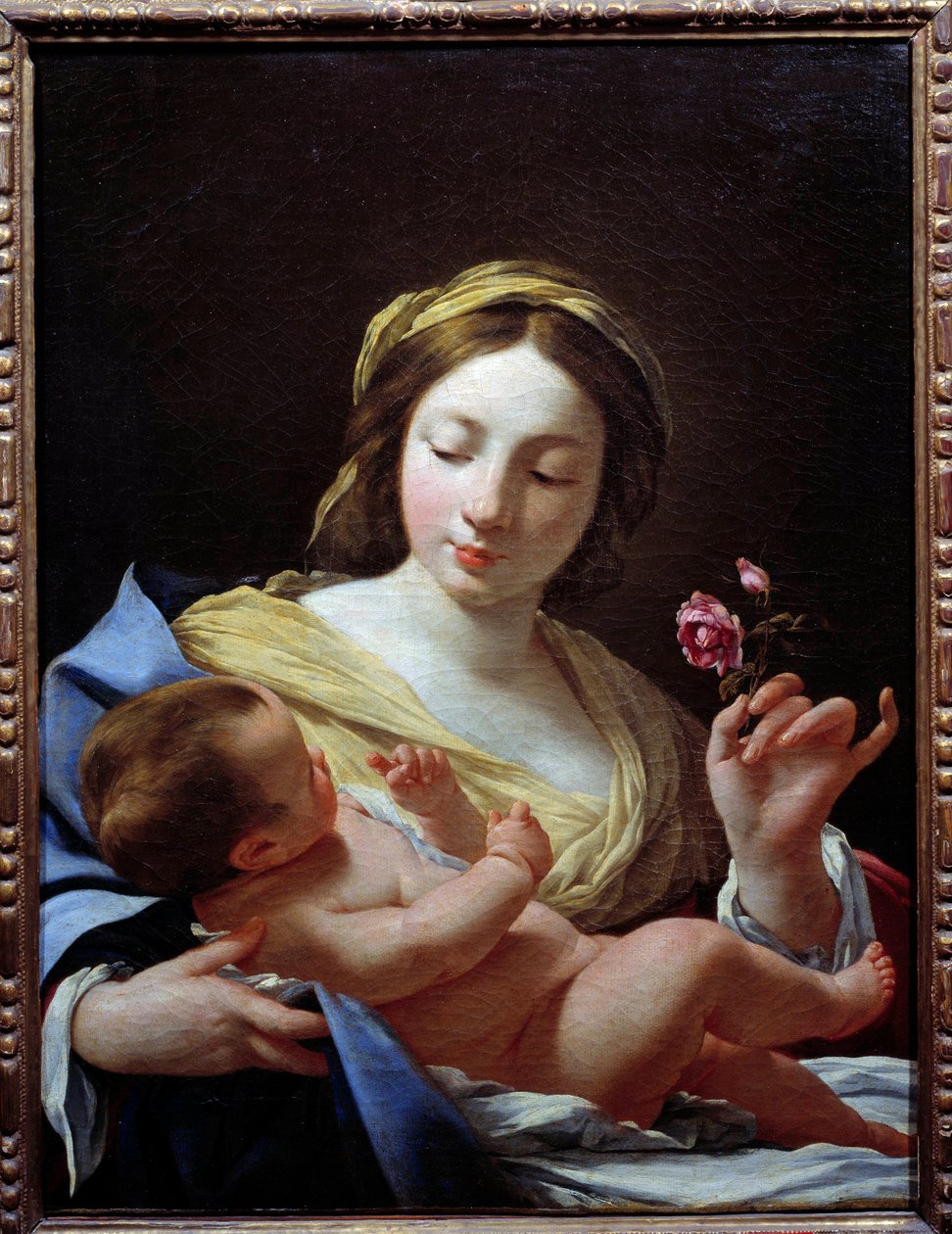 Simon Vouetin (1590-1649) maalaus Neitsyt lapsi ja ruusu 1627 su. 0,8x0,62 m Marseille, Musee des Beaux Arts tekijältä Simon Vouet