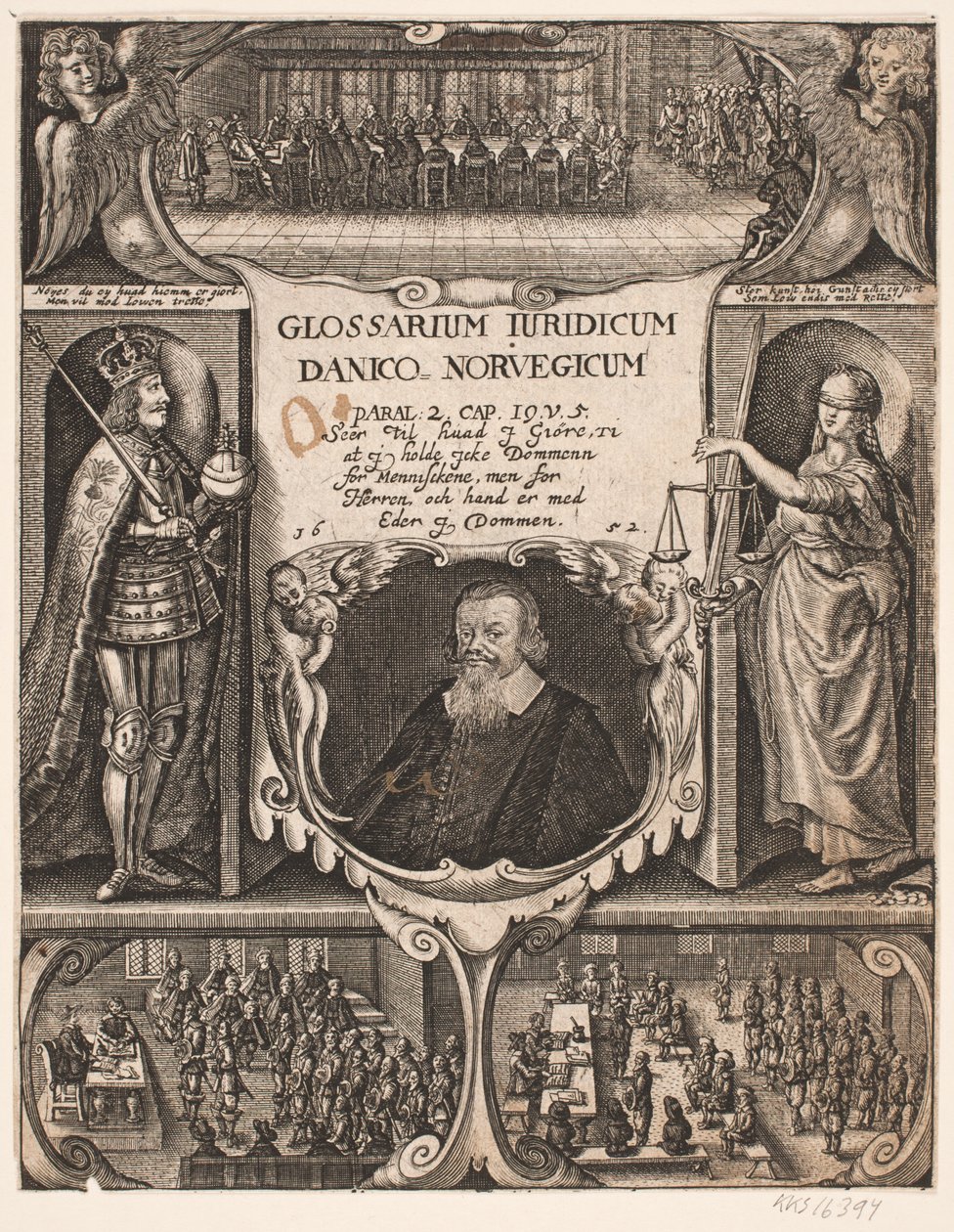 Nimisivu, jossa muotokuva C.O. Veile "Glosarium juridicum Danico - Norvegicum", 1652 tekijältä Simon de Pas