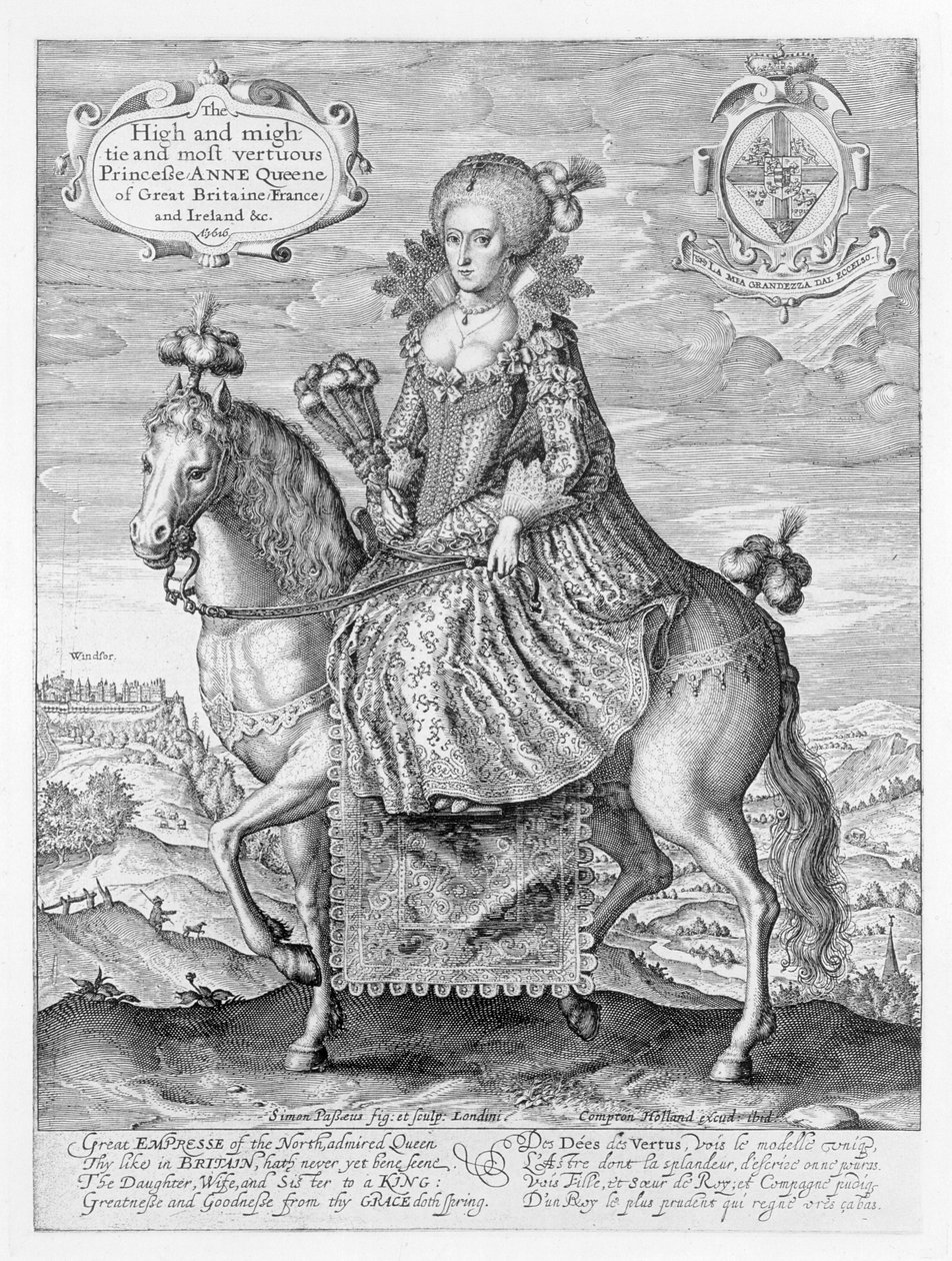 Tanskan Annen (1574-1619) ratsastajamuotokuva, taiteilijan kaiverrettu, julkaisija Compton Holland, 1616. tekijältä Simon de Passe