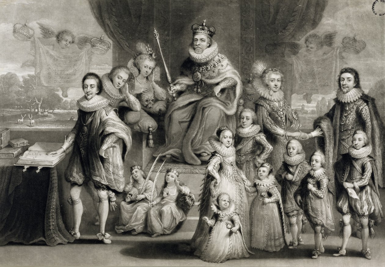 Hänen Majesteettinsa James I ja hänen kuninkaalliset jälkeläisensä yhdessä Böömin kuninkaan perheen kanssa, kaiverrus Charles Turner (1773-1857), 1814 tekijältä Simon de Passe