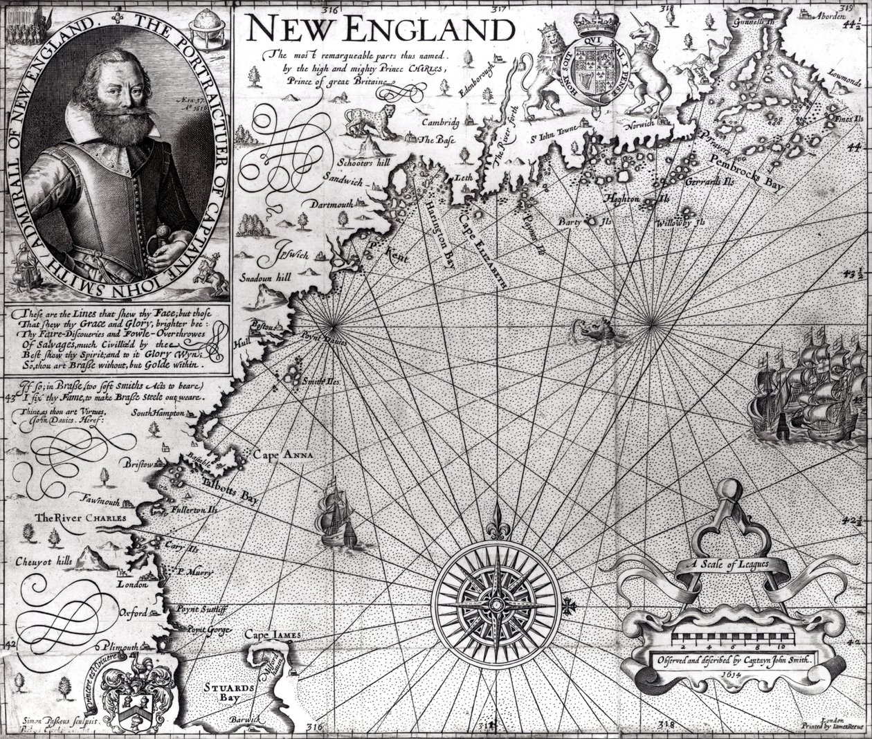 Uuden Englannin rannikon kartta, havainnoinut ja kuvaanut kapteeni John Smith (1580-1631) 1614, julkaisusta General Historie, 1624 tekijältä Simon de Passe