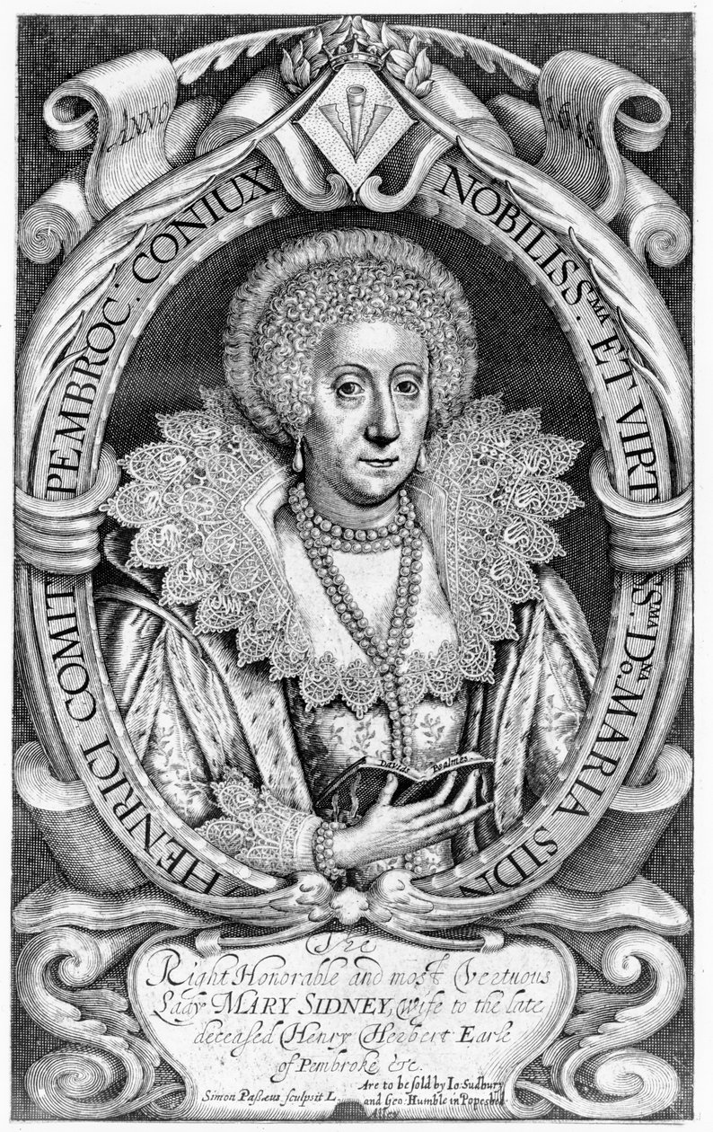 Oikea kunniallinen ja pyhä lady Mary Sidney, edesmenneen Henry Herbertin vaimo, Earl of Pembroke undc., julkaisija Sudbury and Humble, 1618 tekijältä Simon de Passe