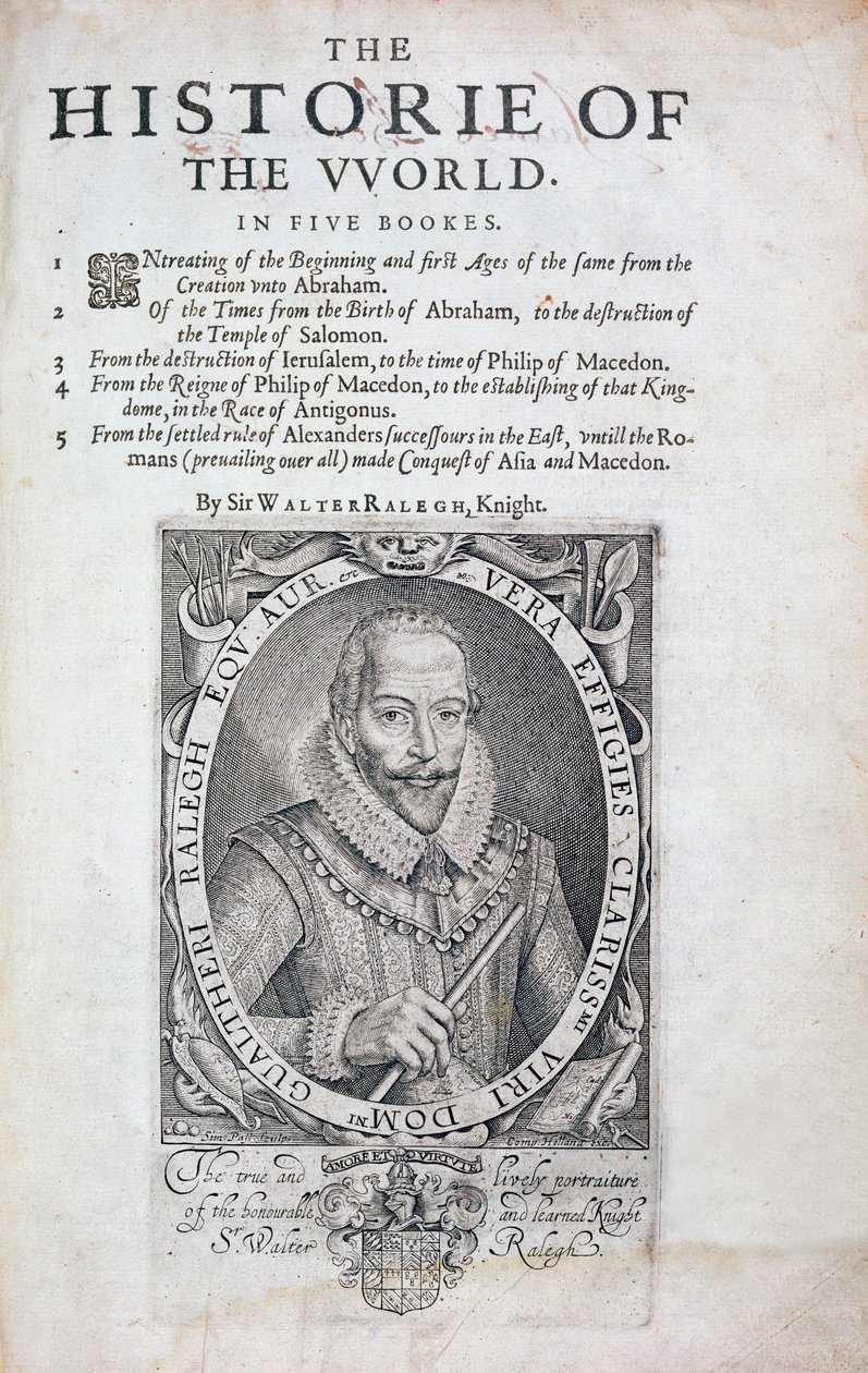 Nimisivu Sir Walter Raleighin The Historie of the World -julkaisusta, 1600-luku tekijältä Simon de Passe