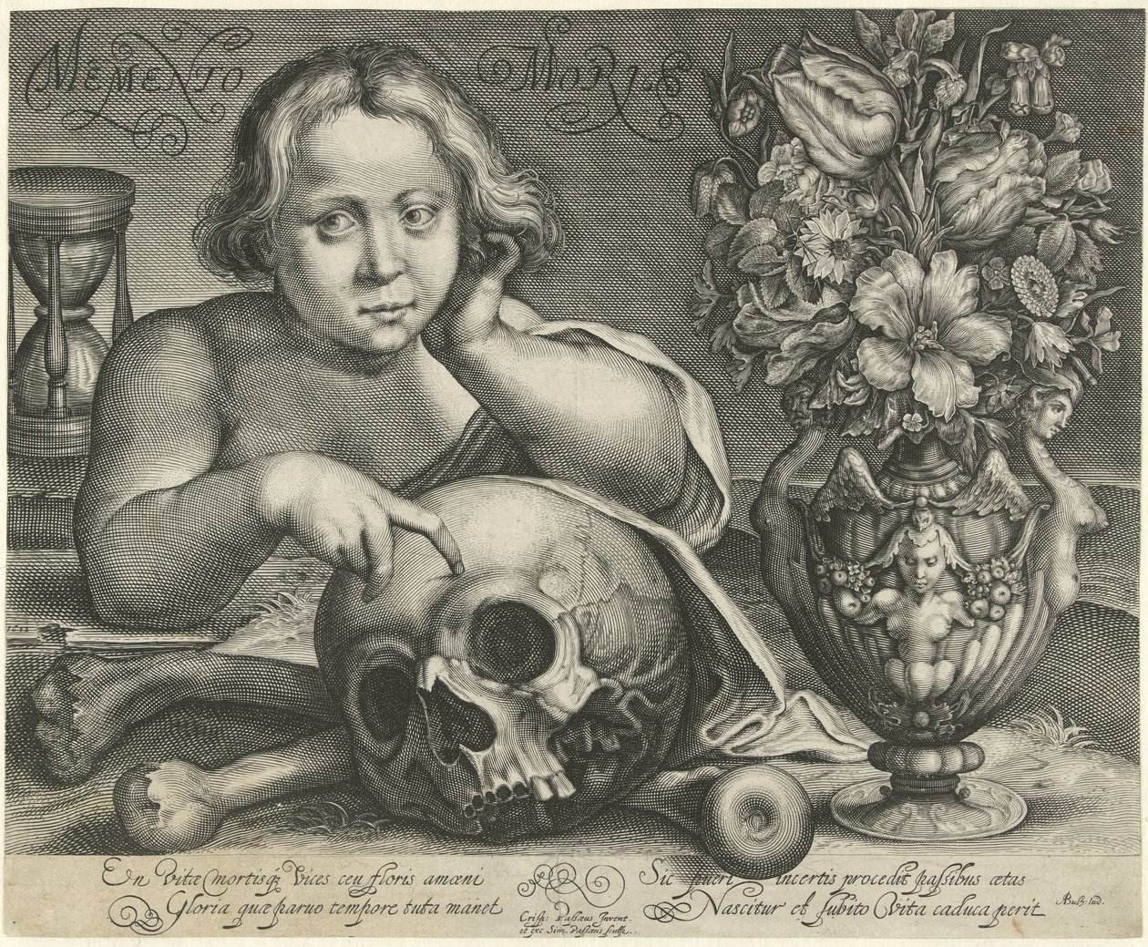 Lapsi kalloineen (Vanitas) Memento Mori (otsikko esineessä) tekijältä Simon van de Passe