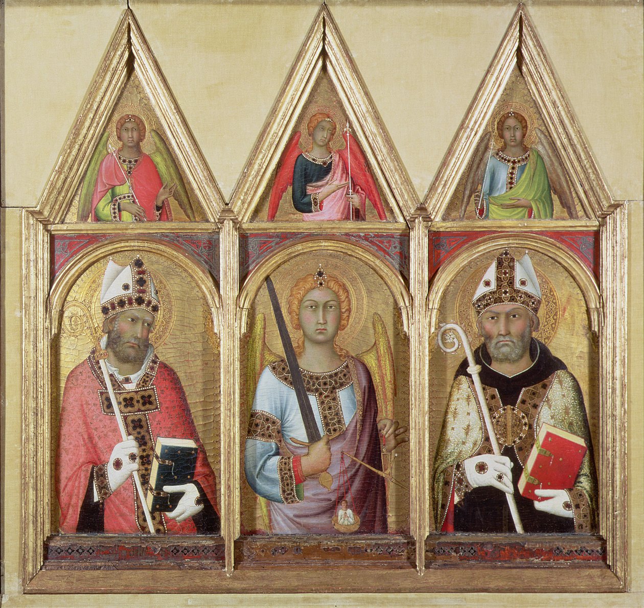 St. Geminianus, St. Michael ja St. Augustinus, n. 1319 (tempera kultaa paneelissa) (tiedot 58834 ja 58836) tekijältä Simone Martini