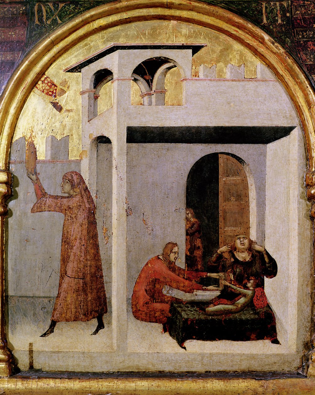 St. Louis of Toulouse (1274-97) ilmestyy sairaan lapsen sängyn viereen, predella-paneeli St. Louis of Toulousen alttarista, 1317 (tempera paneelissa) tekijältä Simone Martini