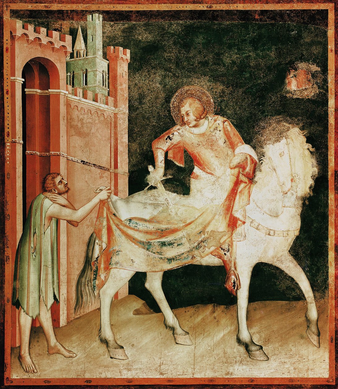 Pyhä Martin jakamassa viittaansa kerjäläisen kanssa, Pyhän Martinin elämästä, 1326. tekijältä Simone Martini