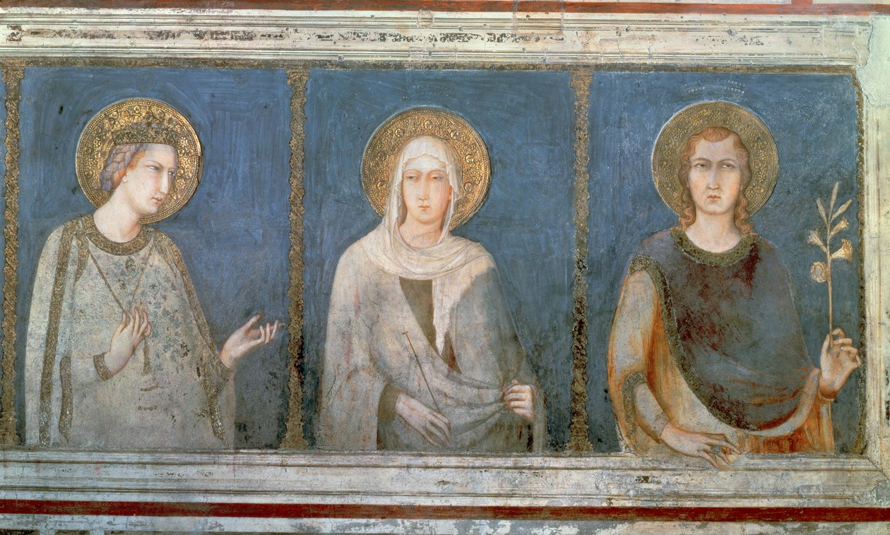 Viisi pyhää, yksityiskohta Unkarin Pyhästä Elisabetista, Pyhästä Claresta ja toisesta pyhimyksestä tekijältä Simone Martini