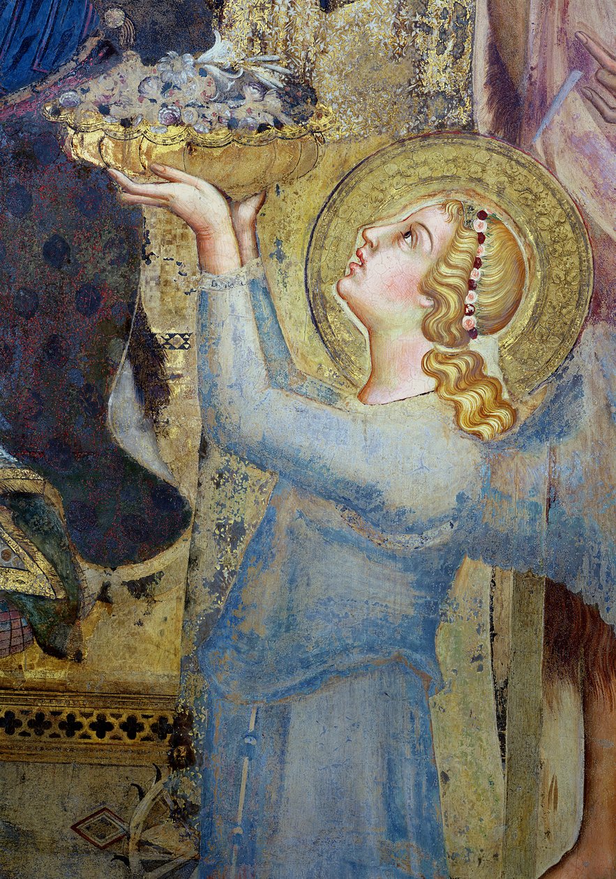 Maesta: Enkeli tarjoaa kukkia Neitsyelle, 1315 freskon yksityiskohta numerosta 51591 tekijältä Simone Martini