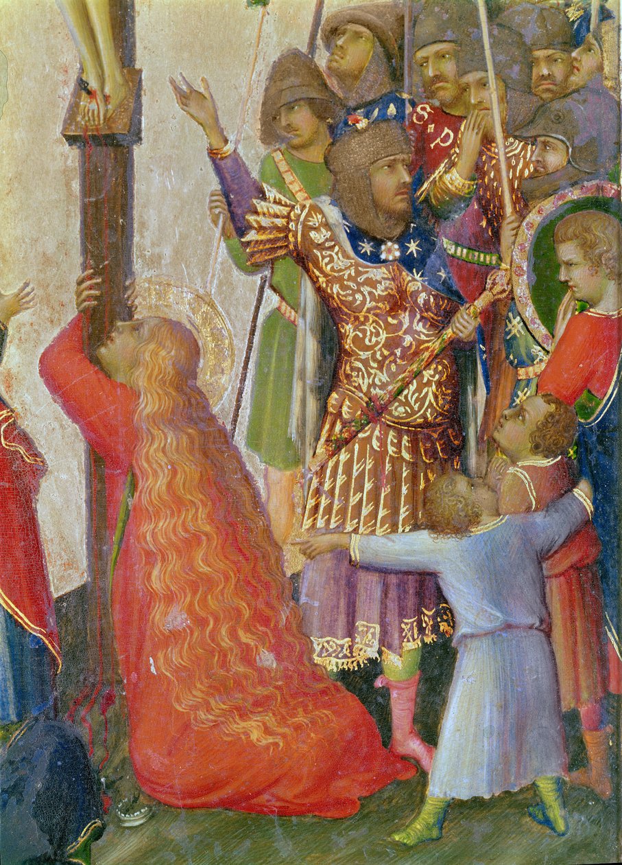 The Strike of the Lance yksityiskohta ryhmästä, joka ympäröi Maria Magdalena -temperaa paneelissa tekijältä Simone Martini