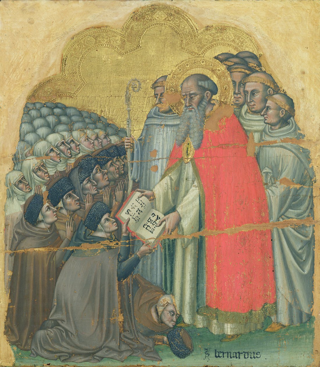 Pyhä Bernard Tolomeo (1272-1348) antamassa sääntökirjaa ritarikunnalleen (tempera kankaalle). tekijältä Simone dei Crocifissi