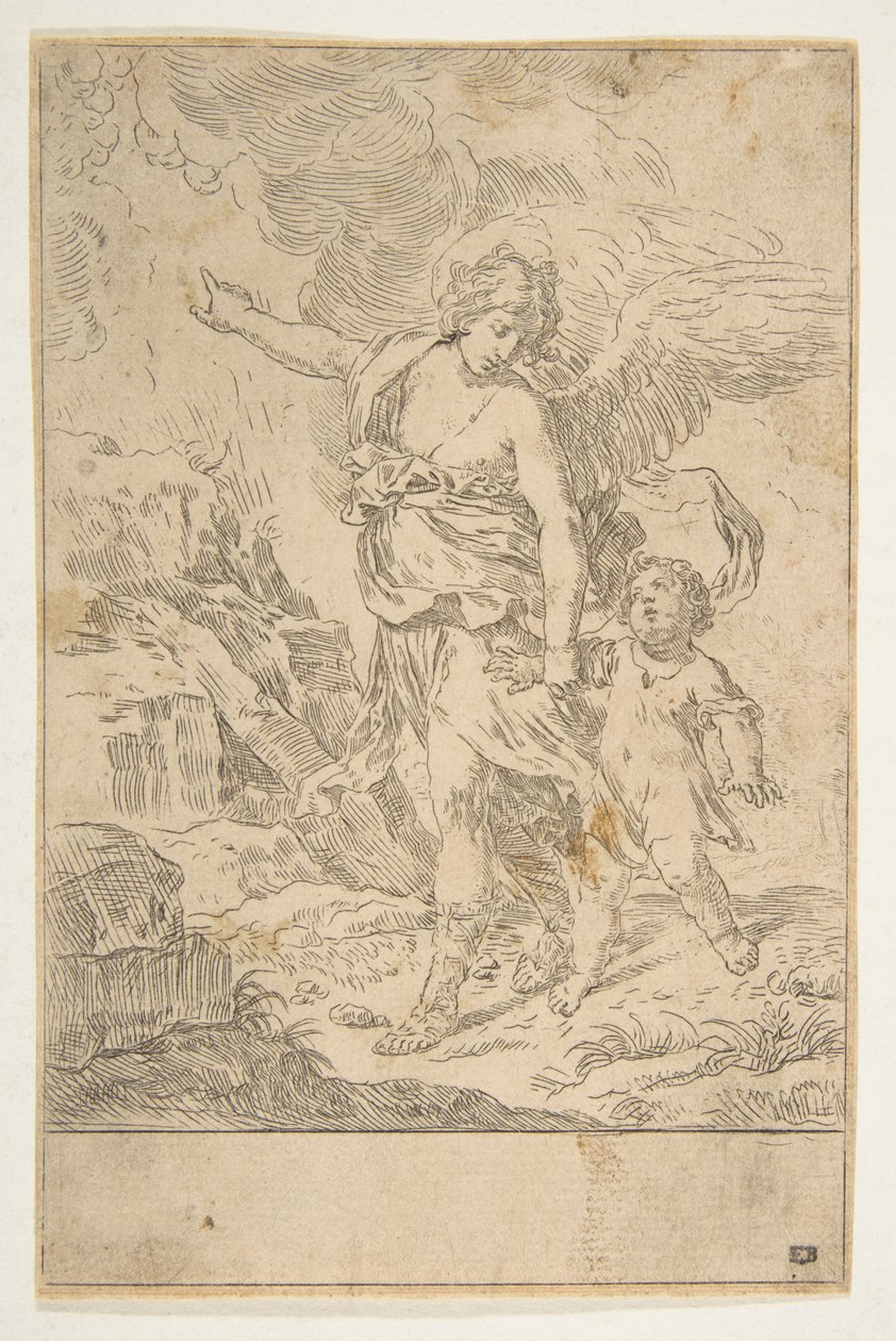 Lapsen kanssa kävelevä suojelusenkeli, n. 1640. tekijältä Simone Cantarini