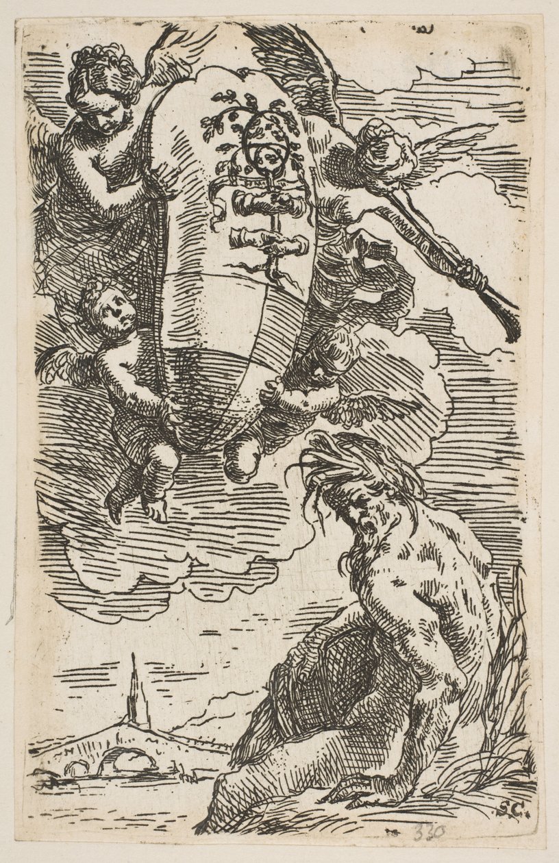 Foglia-joen allegoria ja Pesaroksen kaupungin vaakuna, etukappale ..., n. 1639. tekijältä Simone Cantarini